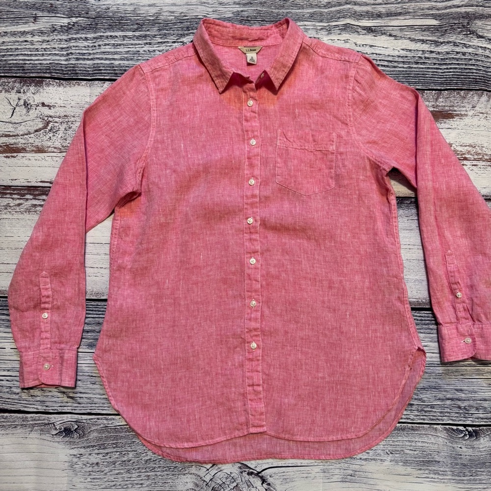 L.L.Bean Pink Linen Button Down Shirt Womens Medium Slim Fit Summer
